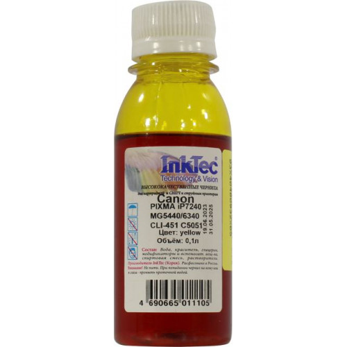 Чернила InkTec (C5051) для Canon PIXMA iP7240/<wbr>MG5440/<wbr>6340 (CLI-451), Y, 0,1 л. Чернила InkTec (C5051) для Canon PIXMA iP7240/<wbr>MG5440/<wbr>6340 (CLI-451), Y, 0,1 л.